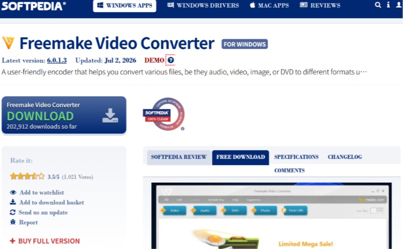 SoftpediaでFreemake Video Converterの安全性を確認