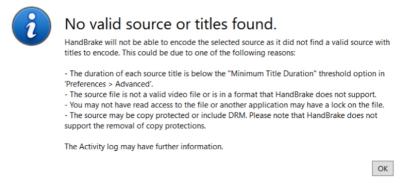 HandBrakeで「No valid source or titles found」と表示されるエラー