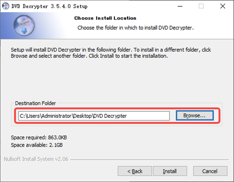 DVD Decrypterのインストール先を選択