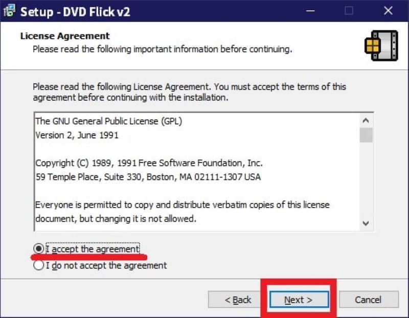 DVD Flickの使用許諾契約書画面